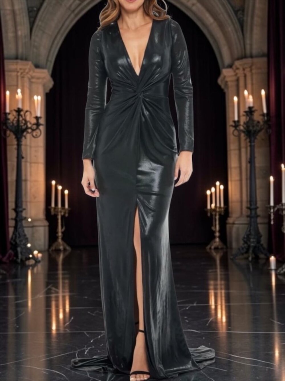 Rene Ruiz Collection Long Sleeve Draped Gown Dress 4 Black Shiny